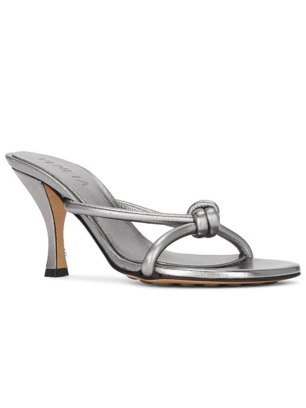 Bottega Veneta Blink Metallic Leather Knotted Straps Mule Sandals Heels